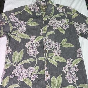 Cooke Street-Mens Hawaiian Flowers Shirt Large-Gray-Casual Button-Up-100%Cotton